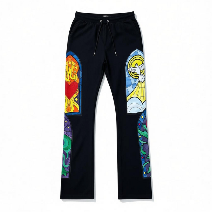 Black Pike Stained Glass stacked sweatpants in black, featuring a relaxed fit and graphic design on the fabric.