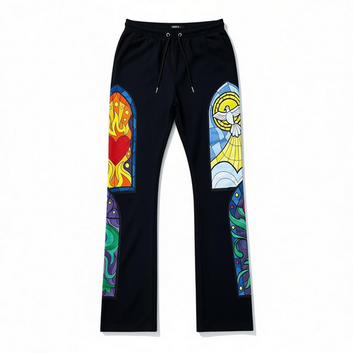 Black Pike Stained Glass stacked sweatpants in black, featuring a relaxed fit and graphic design on the fabric.