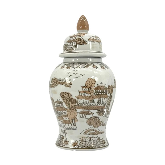 Brown/White Landscape Chinoiserie Jar