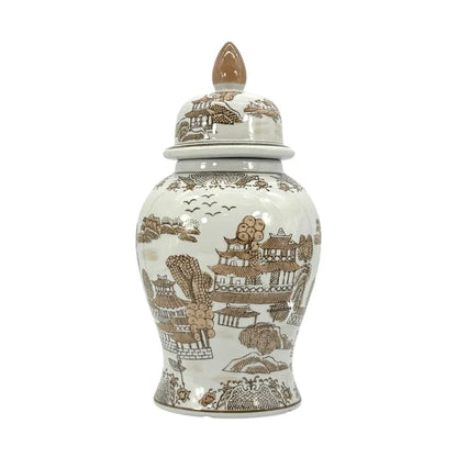 Brown/White Landscape Chinoiserie Jar