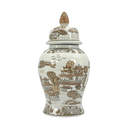Brown/White Landscape Chinoiserie Jar