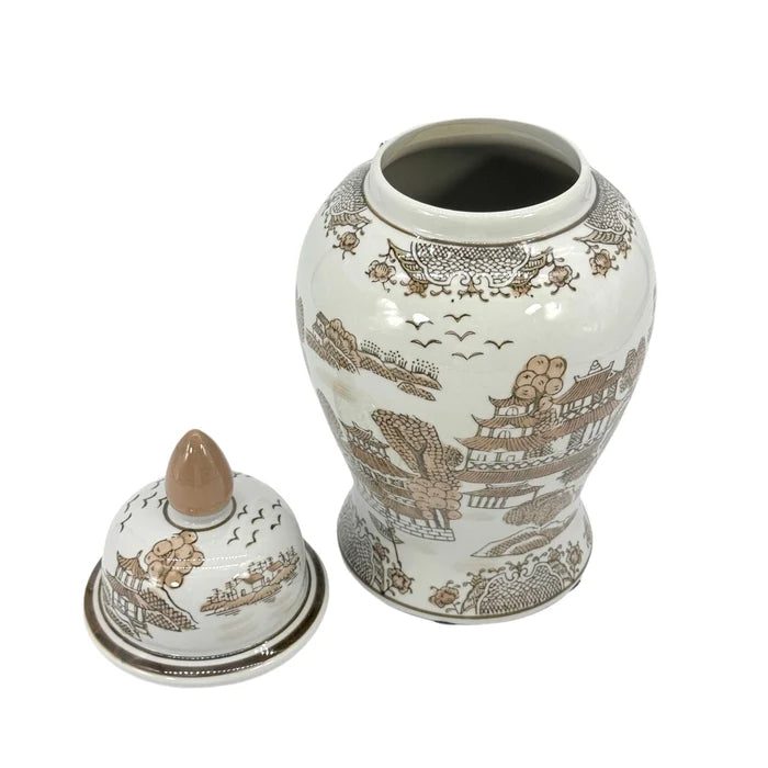 Brown/White Landscape Chinoiserie Jar