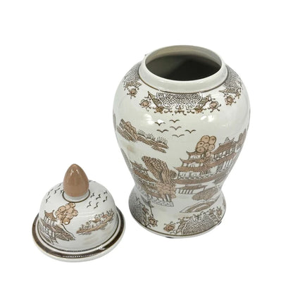 Brown/White Landscape Chinoiserie Jar
