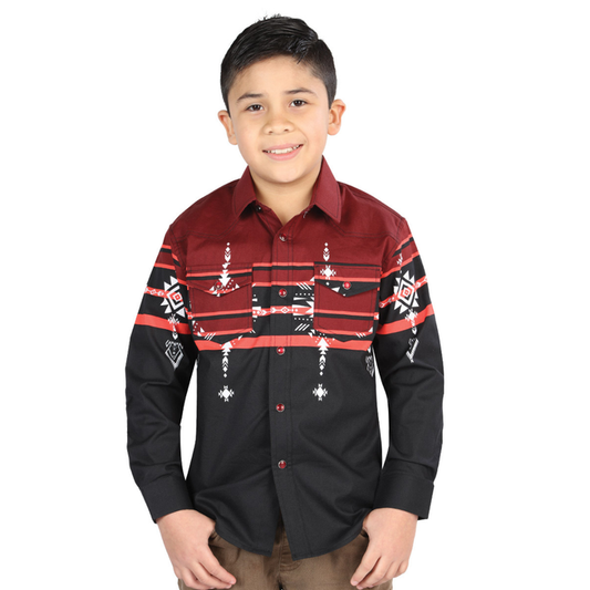 Front view of boys El General Southwestern Western shirt