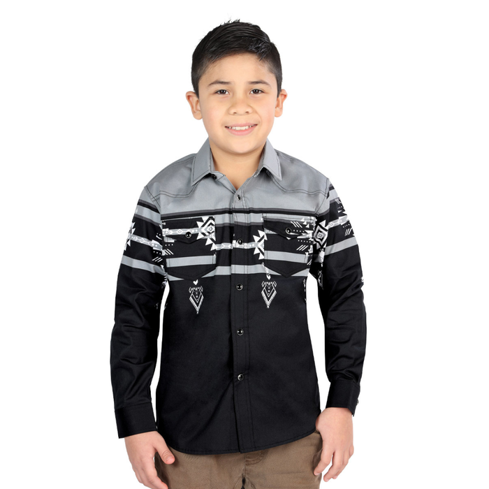 Front view of boys El General Southwestern Western shirt