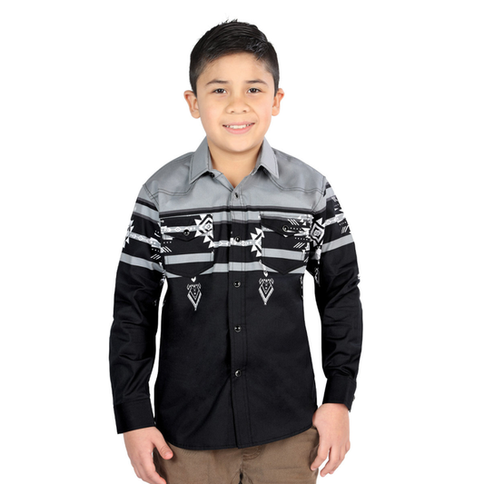 Front view of boys El General Southwestern Western shirt