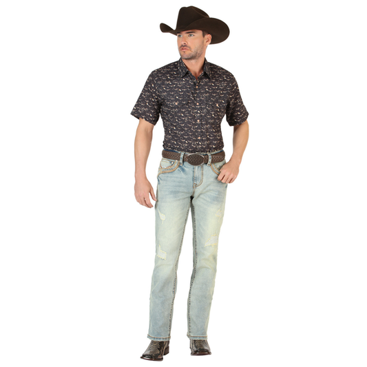 El General men’s light wash distressed Western denim jeans with embroidered pockets