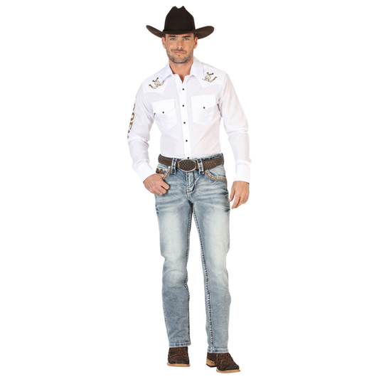Men’s El General white embroidered bootcut jeans Western outfit
