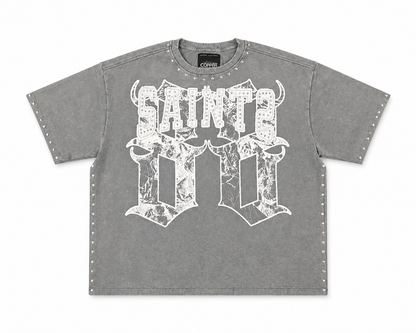 Copper Rivet men's gray acid wash oversized crop T-shirt with frayed hem, casual and stylish men's fashion top.