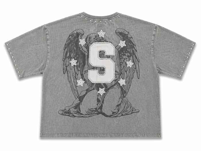 Copper Rivet men's gray acid wash oversized crop T-shirt with frayed edges and relaxed fit, casual and stylish men's apparel.
