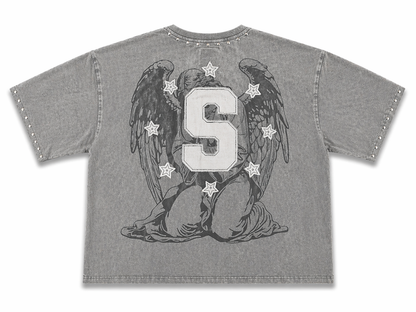 Copper Rivet men's gray acid wash oversized crop T-shirt with frayed edges and relaxed fit, casual and stylish men's apparel.