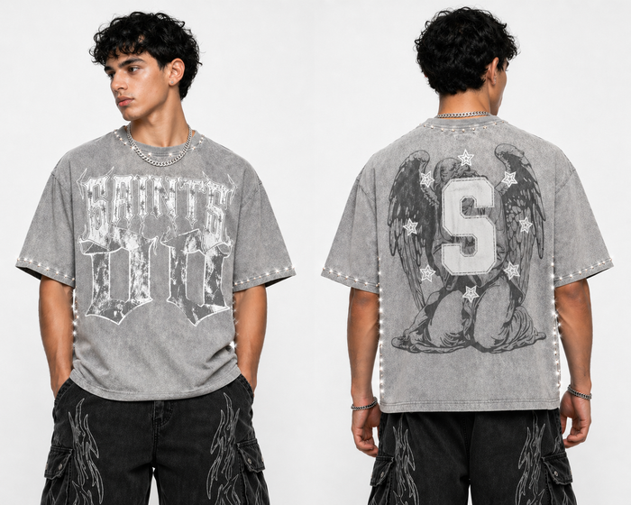 Copper Rivet men's acid wash gray oversize crop T-shirt with frayed edges and distressed details.