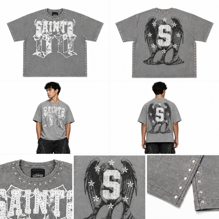 Copper Rivet men's acid wash gray oversized crop T-shirt featuring frayed edges and relaxed fit.