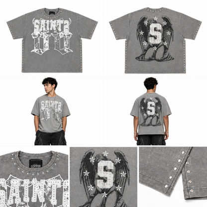 Copper Rivet men's acid wash gray oversized crop T-shirt featuring frayed edges and relaxed fit.