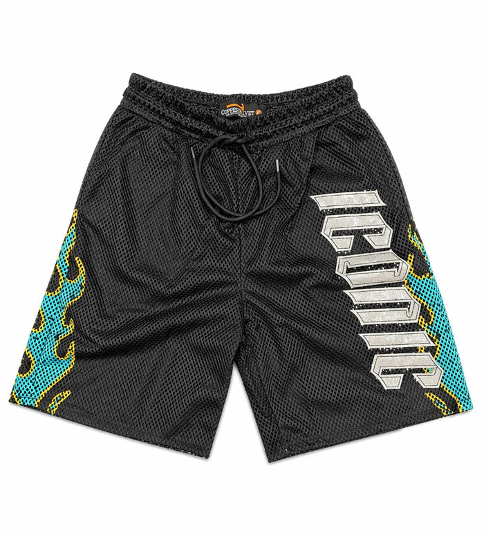 Copper Rivet men's black mesh shorts featuring a modern design with a comfortable fit and stylish look.