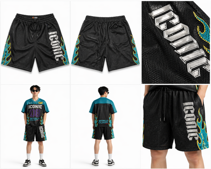 Copper Rivet Men's black mesh shorts with a relaxed fit and drawstring waistband, designed for casual wear.