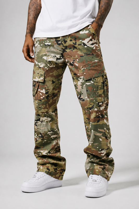 Copper Rivet men's vintage wash ripstop denim relaxed cargo pants with multiple pockets and sturdy construction.