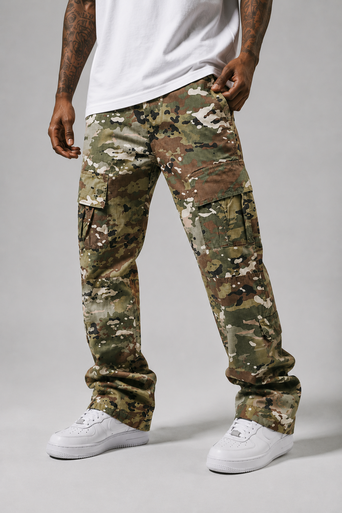 Copper Rivet men's vintage wash ripstop relaxed cargo pants in denim, showcasing a rugged, casual style with multiple pockets.
