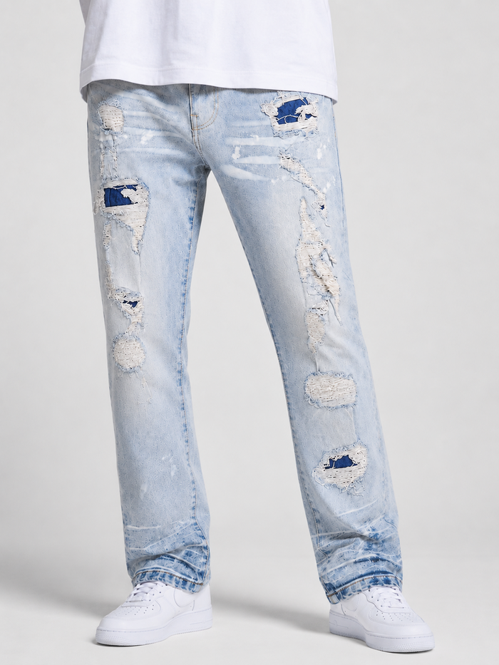 Copper Rivet Rip & Repair denim pants in LSB with distressed details, featuring rip and repair design on classic blue denim.
