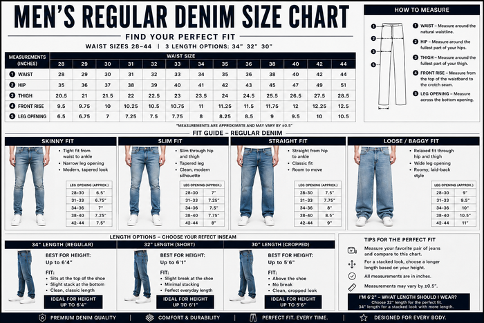 Sizing chart for Switch Premium Wash Denim Pants in Jet Black, showing fit and measurement details for this denim product.