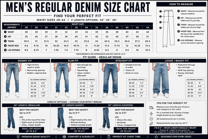 Sizing chart for Switch Premium Wash Denim Pants in Jet Black, showing fit and measurement details for this denim product.