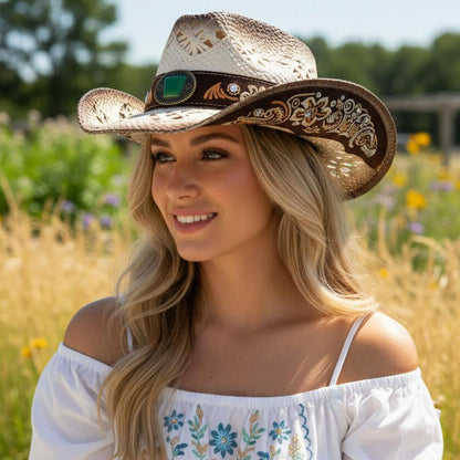 Cowboy Hat With Woven Vegan Suede & Stud Band -Ivory