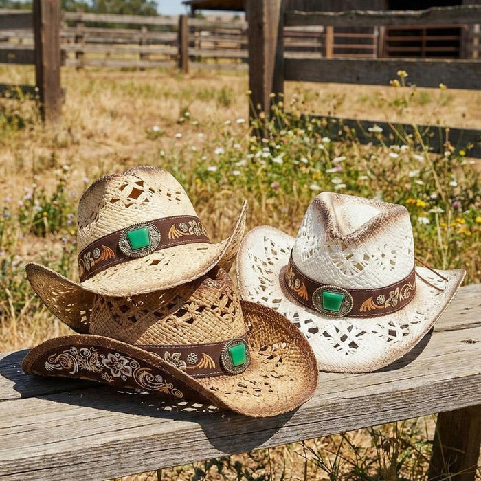 Cowboy Hat With Woven Vegan Suede & Stud Band -Ivory