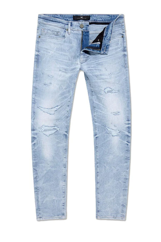 Jordan Craig Collins Alexander rip and repair denim in lightning blue, featuring distressed details and a classic denim fit.