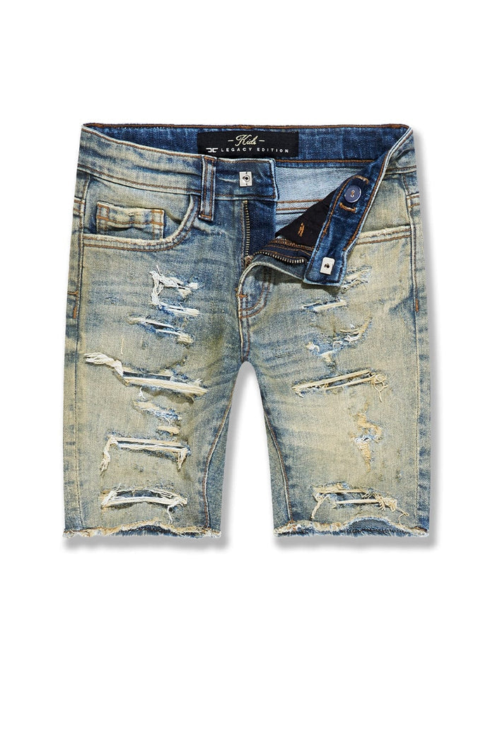 Jordan Craig Kids Arlington denim shorts in desert storm color, showing front view with rolled cuffs and classic five-pocket design.