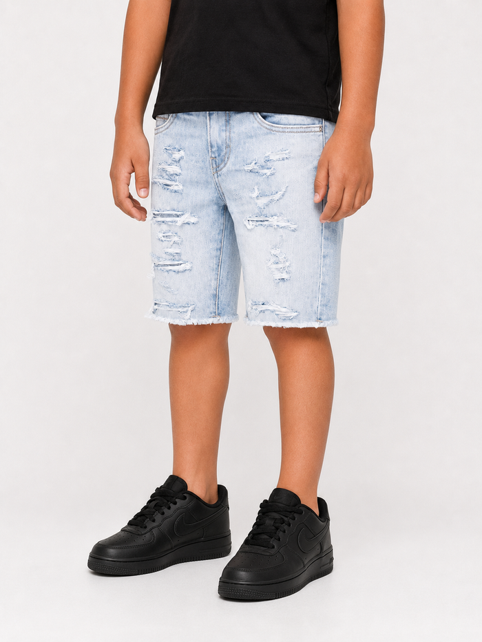 Jordan Craig Kids Arlington sky blue denim shorts, casual kids shorts with front pockets and rolled cuffs, for comfortable everyday wear.