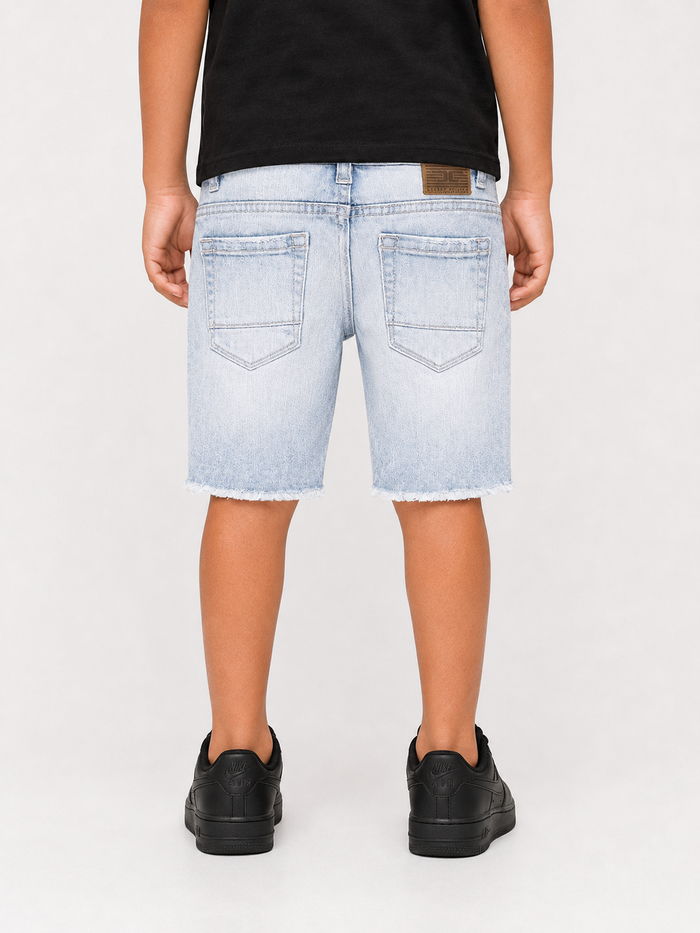 Jordan Craig Kids Arlington sky blue denim shorts for kids, showing front view with pockets and adjustable waistband.
