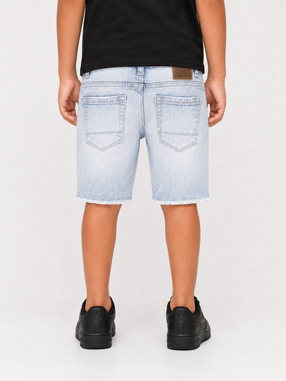 Jordan Craig Kids Arlington sky blue denim shorts for kids, showing front view with pockets and adjustable waistband.