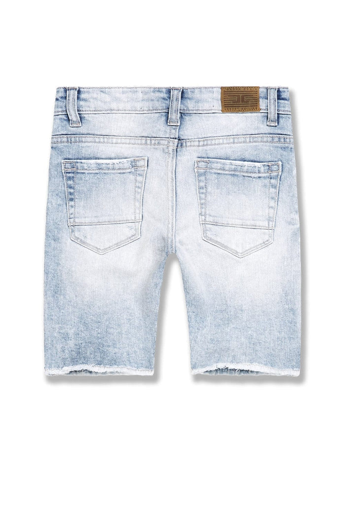 Jordan Craig Kids Arlington sky blue denim shorts with adjustable waistband and rolled hem, perfect for casual summer wear.