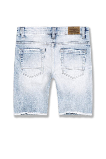 Jordan Craig Kids Arlington sky blue denim shorts with adjustable waistband and rolled hem, perfect for casual summer wear.