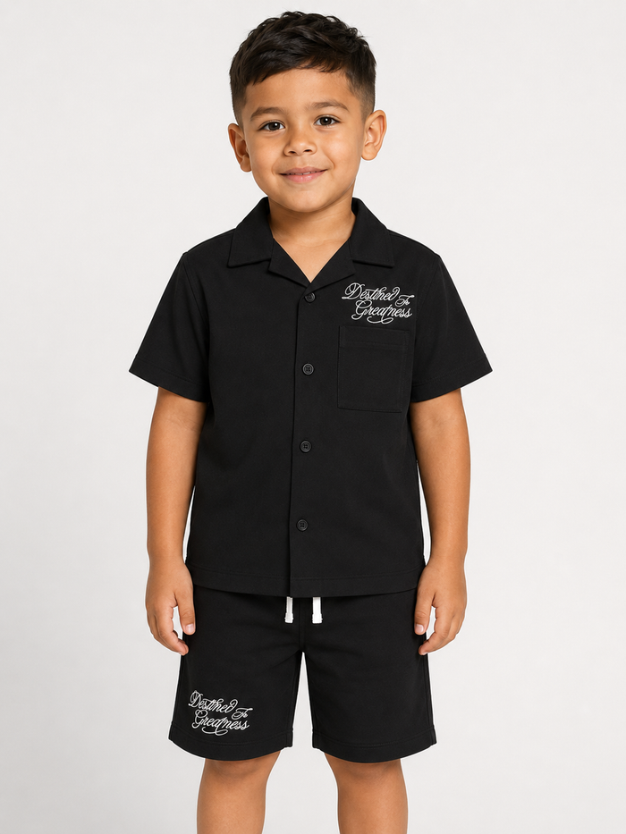 Jordan Craig Kids black short sleeve button-up shirt with collar, featuring a casual, stylish design for children.