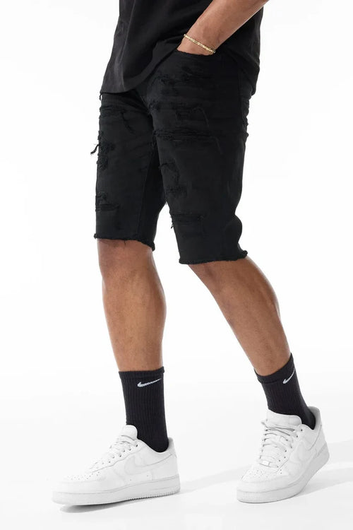 Jordan Craig OG Tulsa Twill denim shorts in jet black, featuring a stylish cut and classic denim texture, worn by a model.