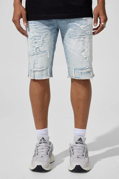 Jordan Craig OG Arlington sky blue denim shorts, casual fit with distressed details, front and back views, model wearing style.