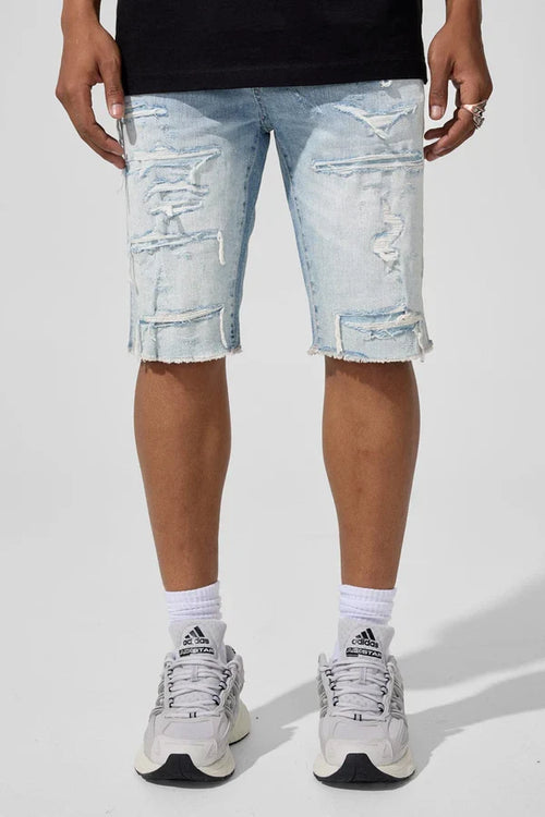 Jordan Craig OG Arlington sky blue denim shorts, casual fit with distressed details, front and back views, model wearing style.