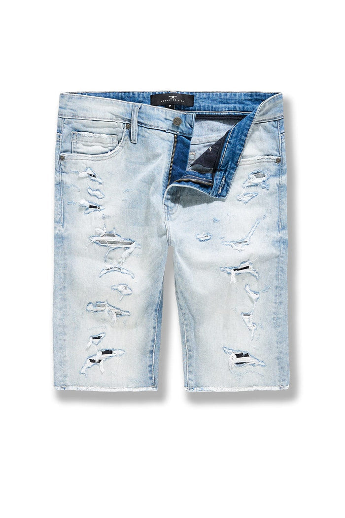 Jordan Craig OG Arlington Sky Blue denim shorts, casual fit, front pockets, and frayed hem detail.