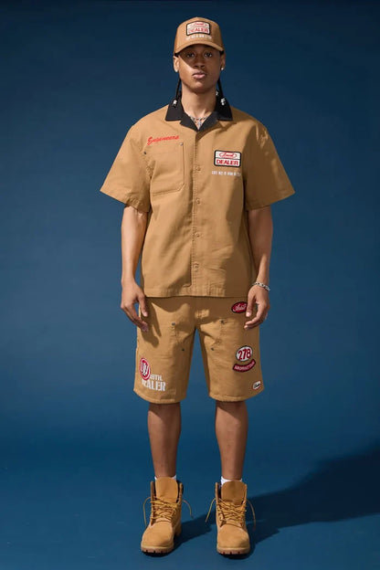 Jordan Craig 'The Re-Up Mechanic' wheat button-up shirt, casual men's tee with a classic fit and stylish design.