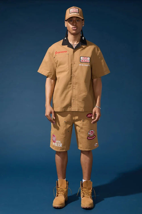 Jordan Craig 'The Re-Up Mechanic' wheat button-up shirt, casual men's tee with a classic fit and stylish design.