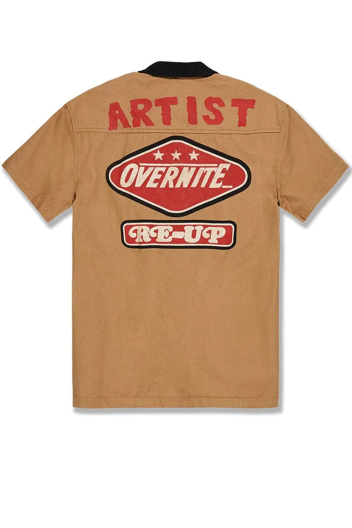 Jordan Craig The Re-Up Mechanic button-up shirt in wheat color, lightweight casual shirt with collar and button front.
