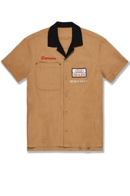 Jordan Craig 'The Re-Up Mechanic' wheat button-up shirt, casual men's tee with a classic fit and neutral wheat color.