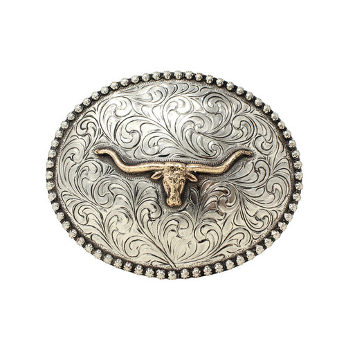 Decorative belt buckle with longhorn & copper bull design