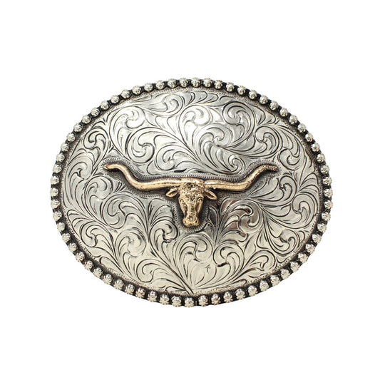 Decorative belt buckle with longhorn & copper bull design