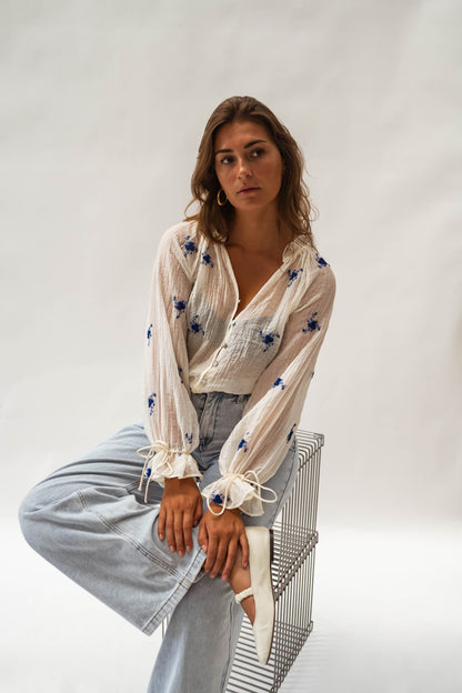 Ecru and Blue Floral Gabrielle Blouse