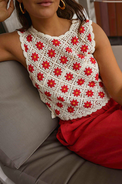 Ecru And Red Crochet Marcella Top
