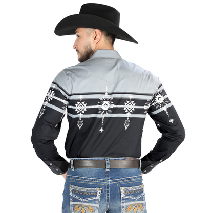 El General men’s black & grey Aztec print Western shirt – back view