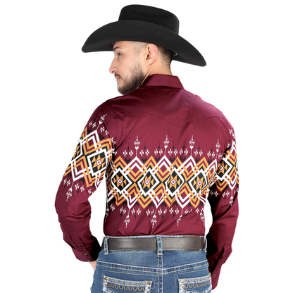 El General men’s burgundy and mustard Aztec print Western shirt – back view