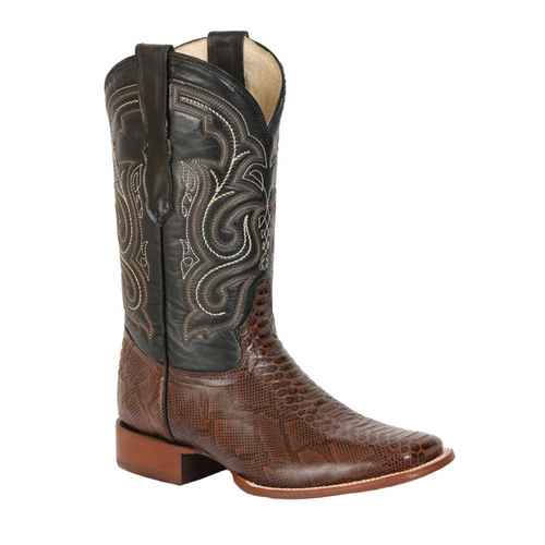 Brown cowboy boot with intricate stitching